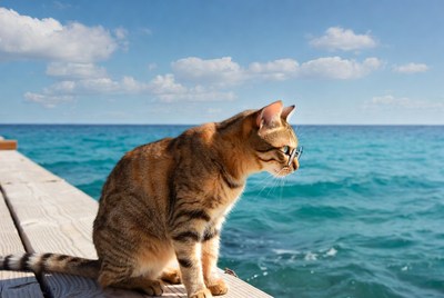 Orange cat with sunglasses on pier