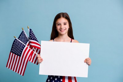 Girl holding blank sign with American flags