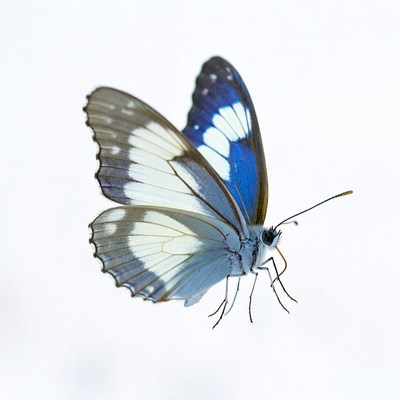 Blue and white butterfly on white background