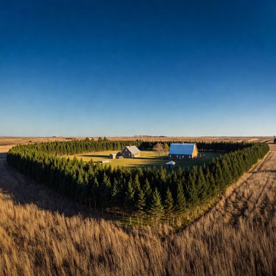 Tree-Encircled Farmhouse in Field