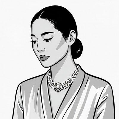 Asian woman wearing pearl necklace