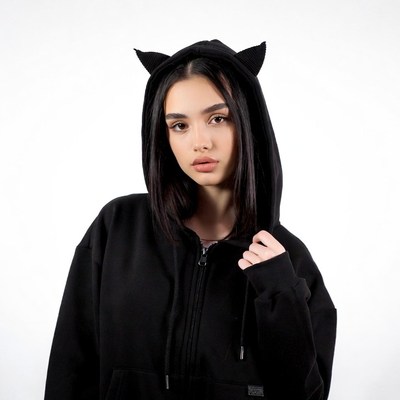 Asian woman in black cat ear hoodie