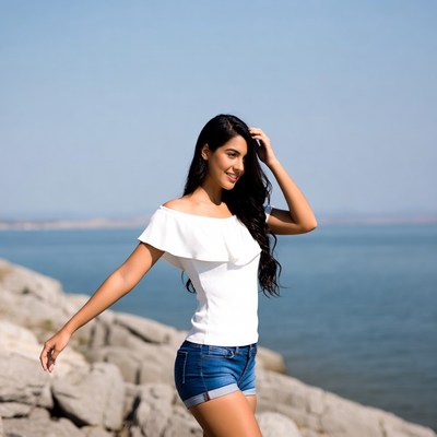 Smiling woman on rocky beach