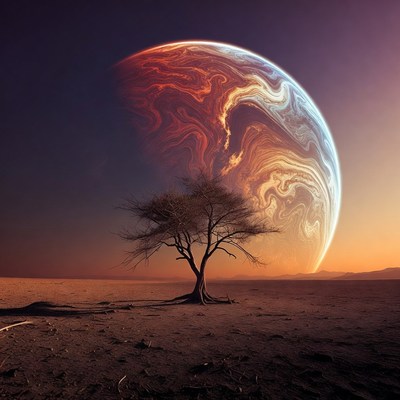Lonely Tree Before Swirling Alien Planet