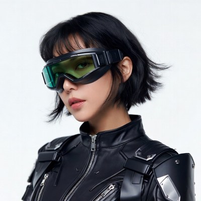 Asian woman in futuristic goggles and leather armor