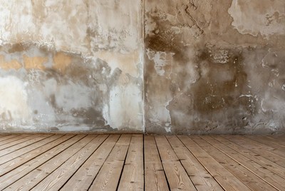 Empty Wooden Floor Room with Peeling Walls
