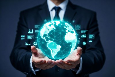 Man holding glowing digital globe