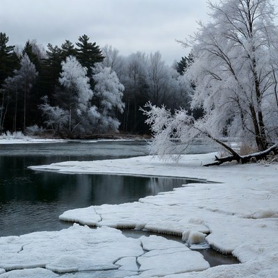 Winter Forest with Icy River