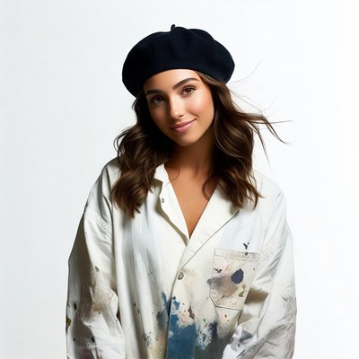 Woman in beret and paint-splattered shirt