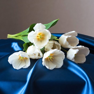 White tulips on blue silk