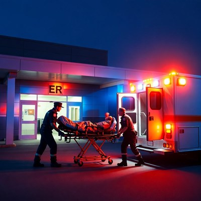 Paramedics wheeling patient into ER