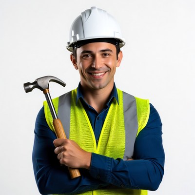 Smiling Latino man holding hammer