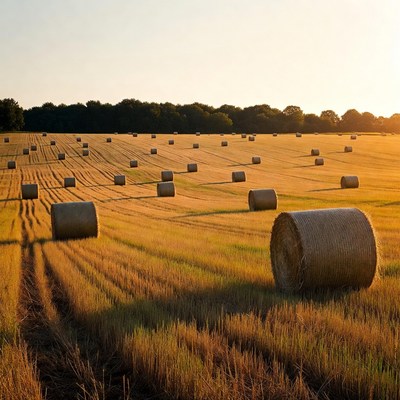 Hay bales in golden sunset field
