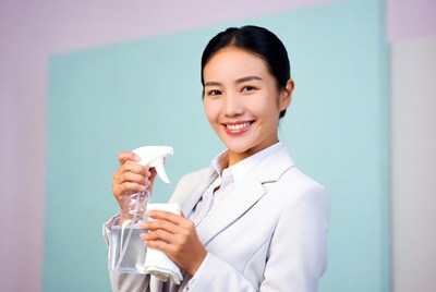 Asian woman holding spray bottle