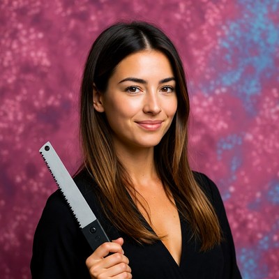 Woman holding saw on glittery background