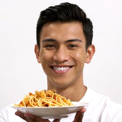 Young Asian man holding spaghetti plate