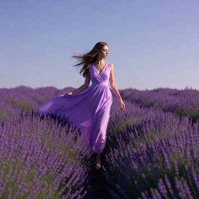 Woman in purple dress walking lavender field