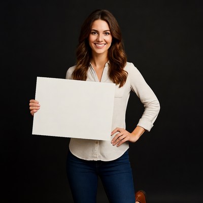 Smiling woman holding blank sign