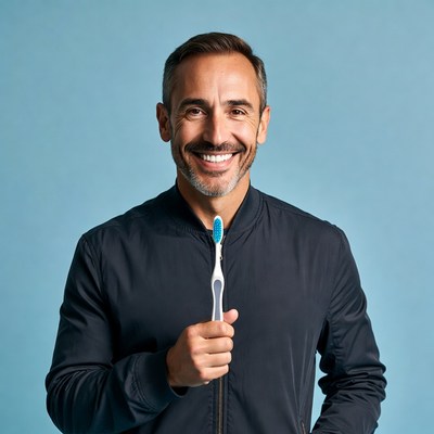 Man holding toothbrush smiling