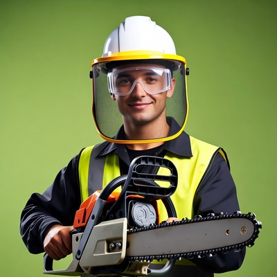 Man holding chainsaw in safety gear