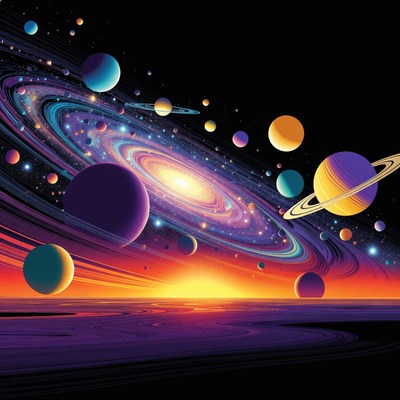 Colorful Planets Orbiting Galaxy Sunset