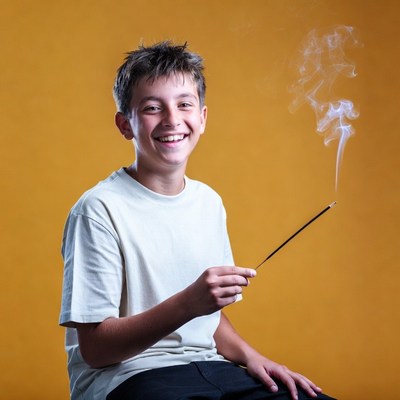 Boy holding lit incense stick