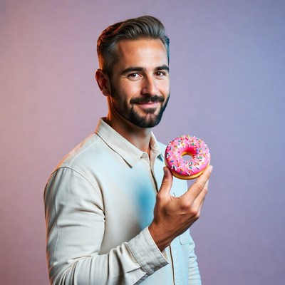 Man holding pink donut