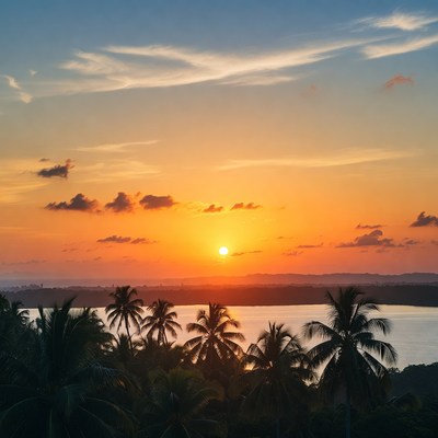 Sunset over palm trees and lake