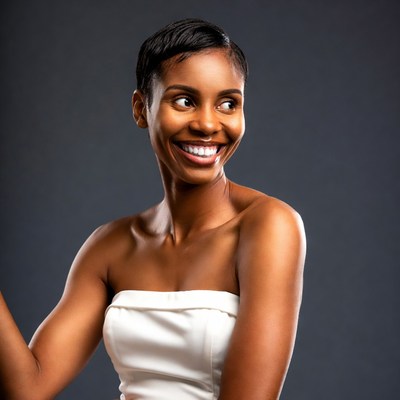 Smiling African-American woman in white dress