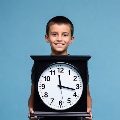 Boy holding large clock