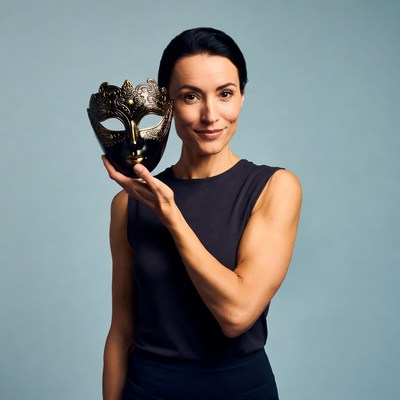 Woman holding ornate masquerade mask