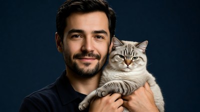 Man holding gray tabby cat