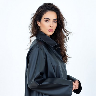 Woman in black leather coat
