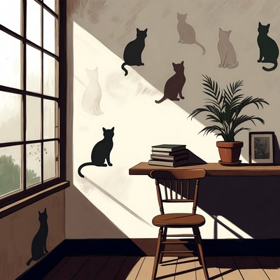 Cat Silhouettes on Wall by Desk
