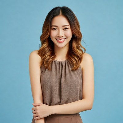 Smiling Asian woman in brown tank top