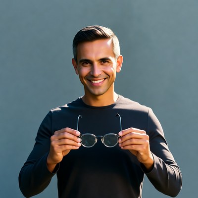 Man smiling holding glasses