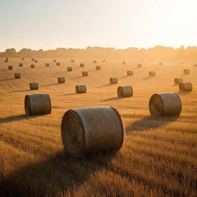 Hay bales in golden sunset field