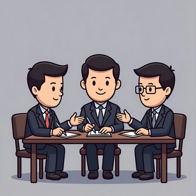 Three businessmen signing documents