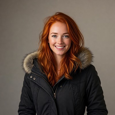 Smiling woman with red hair in fur hood jacket