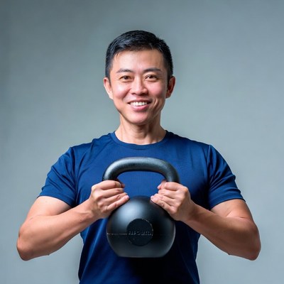 Asian man holding kettlebell