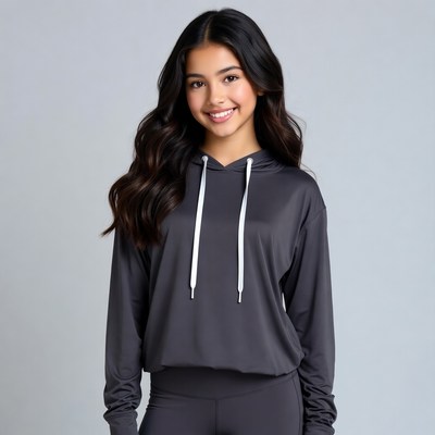 Smiling Asian girl in gray hoodie
