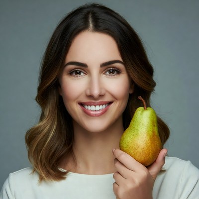 Woman holding green pear