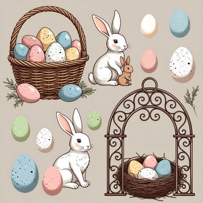 Easter Bunny Basket Eggs Illustration