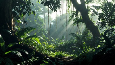Lush Tropical Jungle with Sunbeams