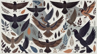 Flying Birds with Autumn Leaves Illustration