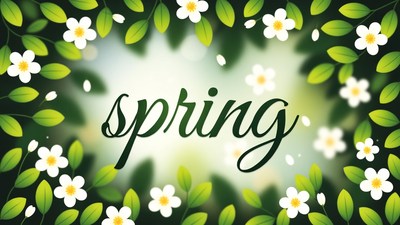 Spring Text with Flowers and Leaves