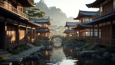 Traditional Japanese Village with Bridge