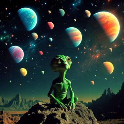 Green Alien Sitting on Rocky Planet