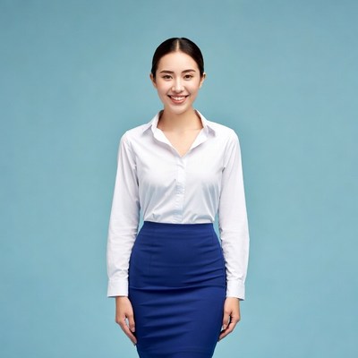 Asian woman in white blouse blue skirt