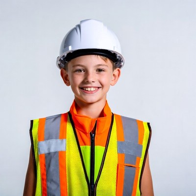 Boy wearing hard hat and safety vest